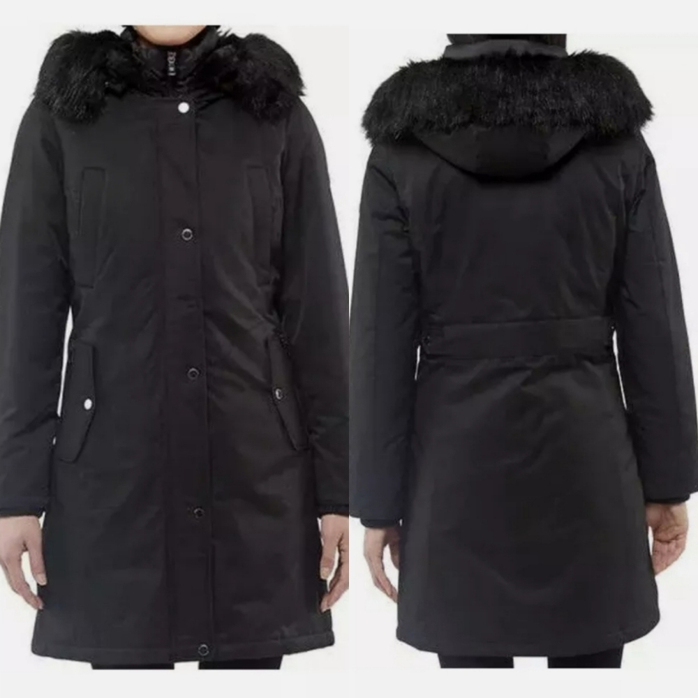 Women's Faux Fur Hooded Parka Jacket Black Small & Medium Mid Weight Warm